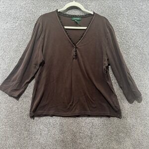 Lauren Ralph Lauren Blouse Top XL Brown V Neck 3/4 Sleeve‎ Henley Ruffle Trim